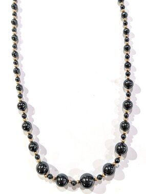 Hematite and 14K Gold Graduated Bead Necklace, 22"